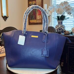 Navy Structured Leather Satchel with Navy Satin Interior